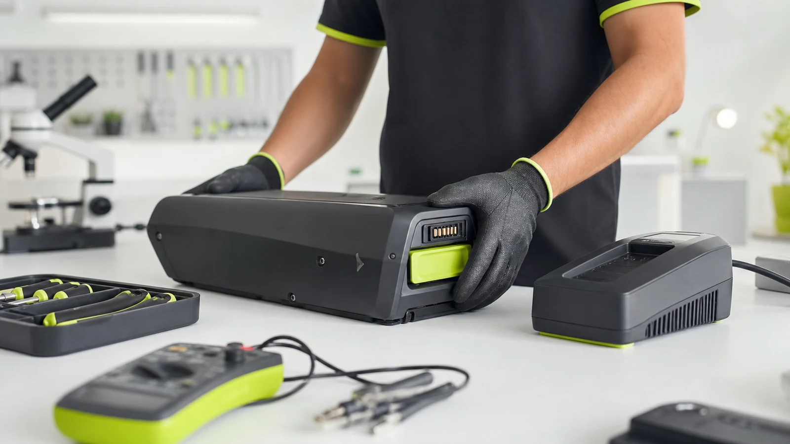 Técnico inspecionando uma bateria em bancada limpa
