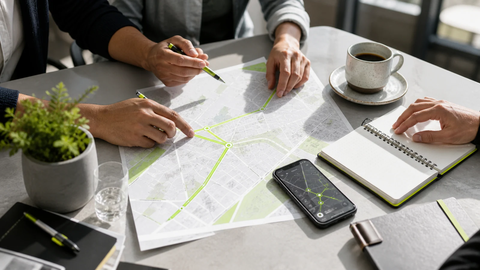 Pessoas planejando uma rota urbana sobre um mapa